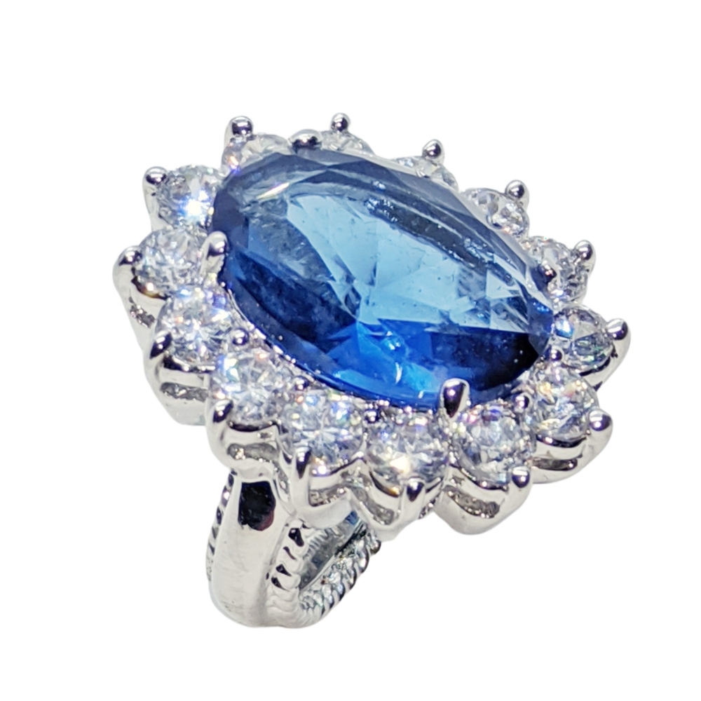 .Statement Silver Ring With Large Blue Cz Stone - image 1